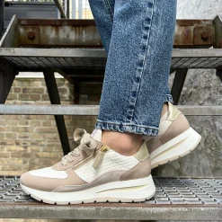 DLSport 6561 Hvid Brun Taupe Sneaker med lynlås & Snøre
