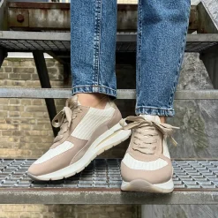DLSport 6561 Hvid Brun Taupe Sneaker med lynlås & Snøre