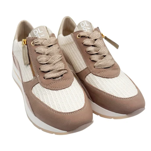 DLSport 6561 Hvid Brun Taupe Sneaker med lynlås & Snøre