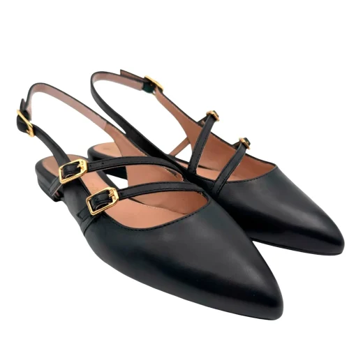 Unisa Alsip Sort flad slingback med 3 remme og spænder