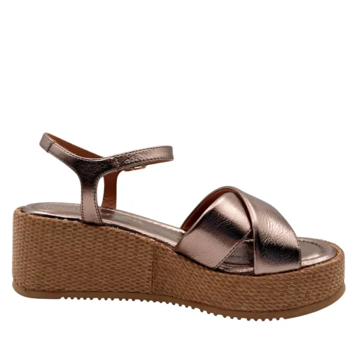 Unisa Keen Plateau sandal med ankelrem metallisk kobber skind på bastsål