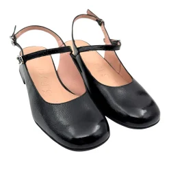 Wonders D-1222 Mary Jane sko med lav hæl og slingback i sort lak skind